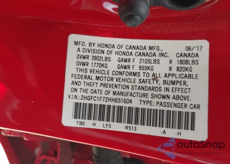 2017 Honda Civic Ex-L из США, поврежденный, VIN 2HGFC1F72HH651604